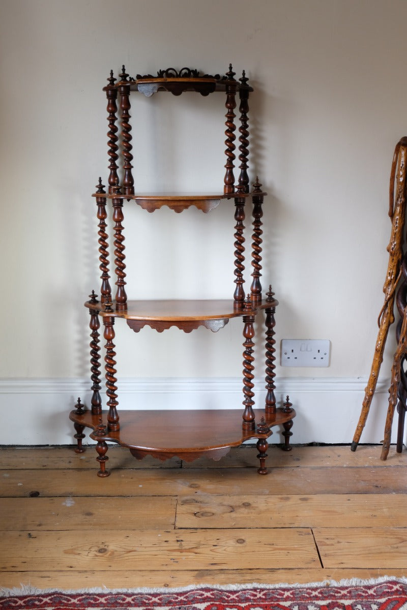 Walnut etagere waterfall shelves barley twist columns