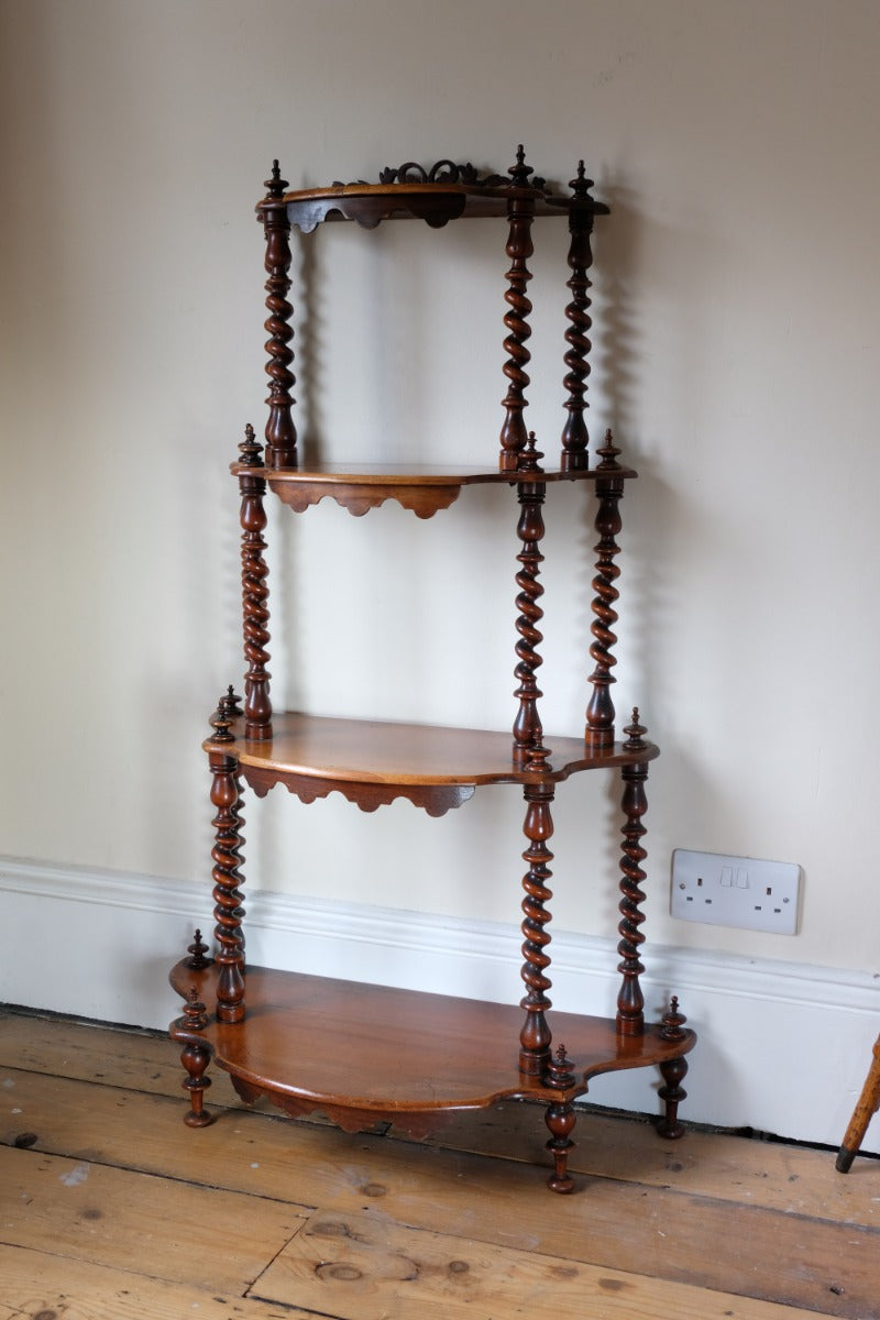 Walnut etagere waterfall shelves barley twist columns