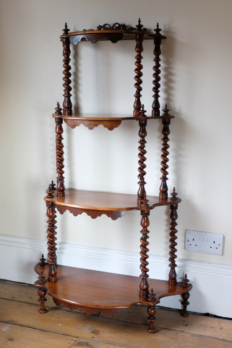 Walnut etagere waterfall shelves barley twist columns