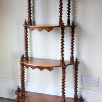 Walnut etagere waterfall shelves barley twist columns