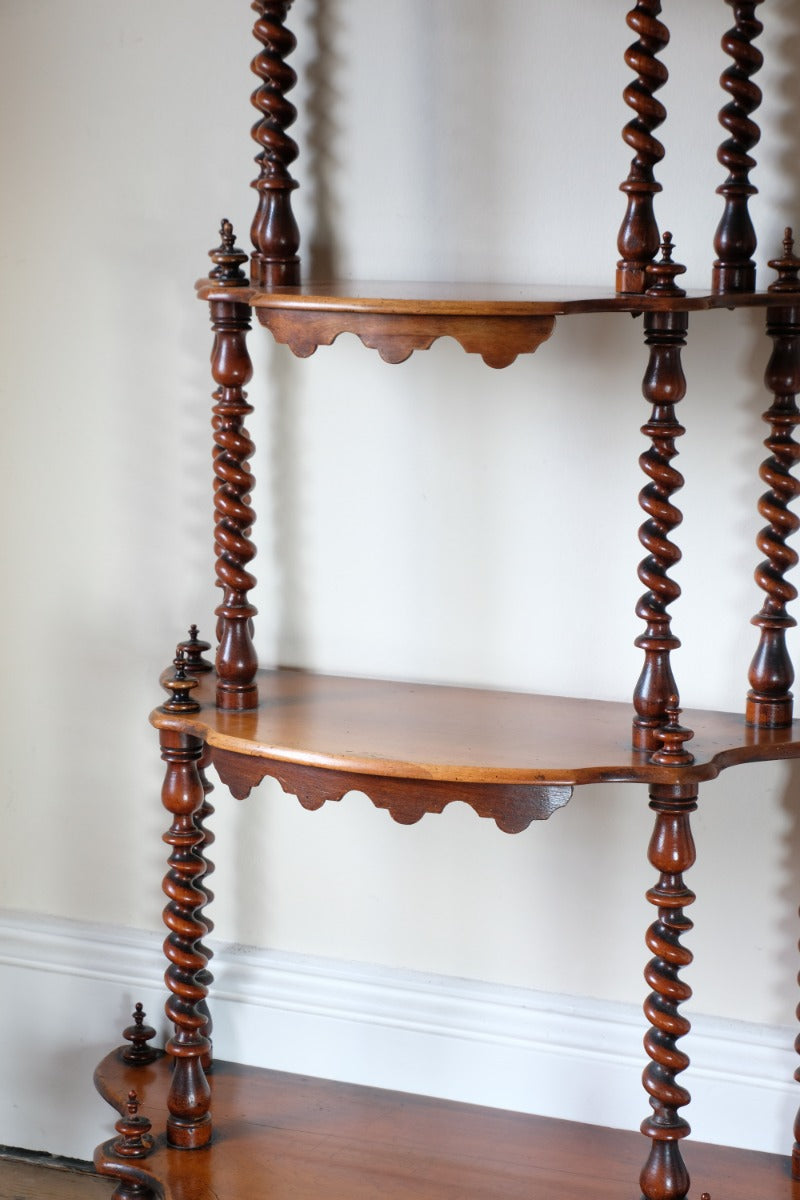 Walnut etagere waterfall shelves barley twist columns