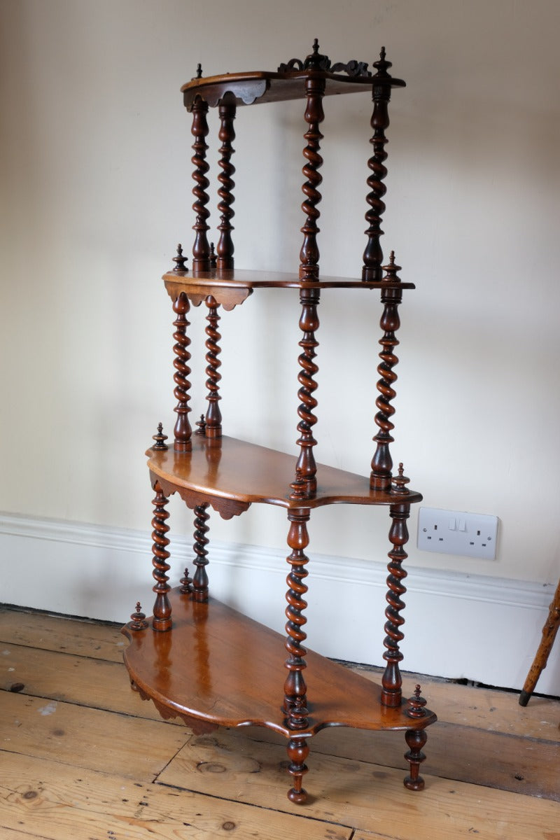 Walnut etagere waterfall shelves barley twist columns