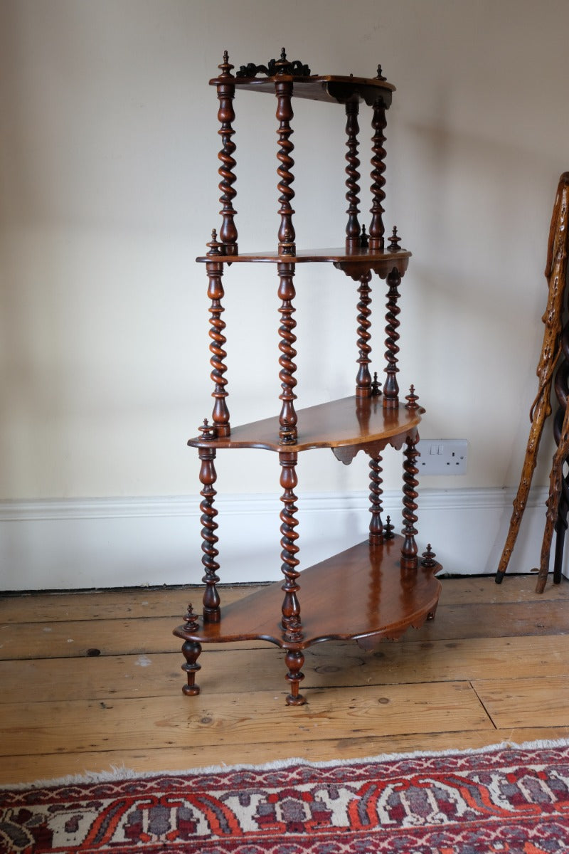 Walnut etagere waterfall shelves barley twist columns