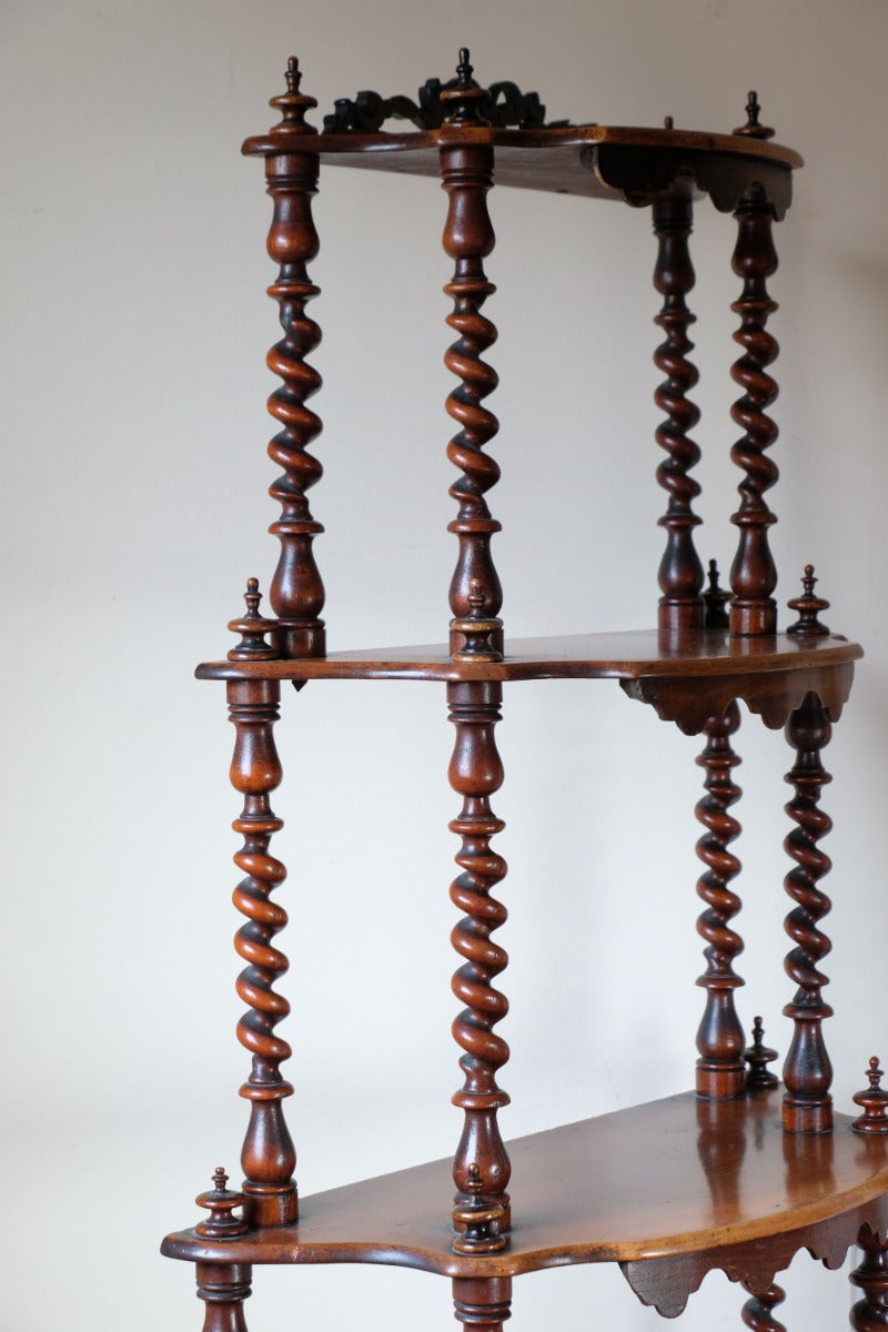 Walnut etagere waterfall shelves barley twist columns