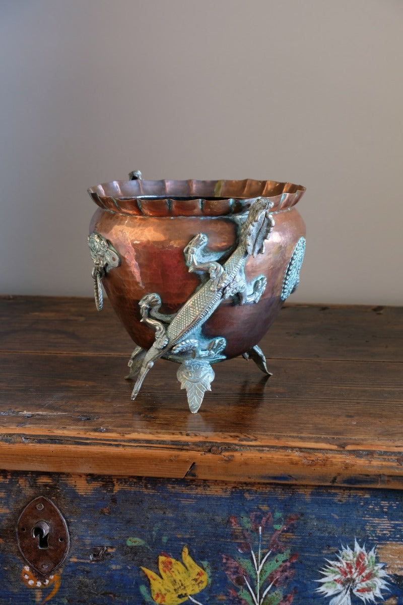 Tibetan copper planter with brass dragons front view