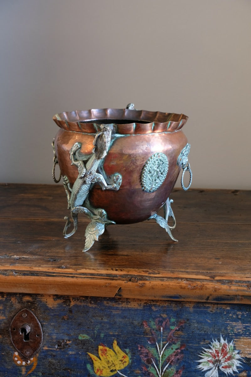 Tibetan copper planter with brass dragons front view