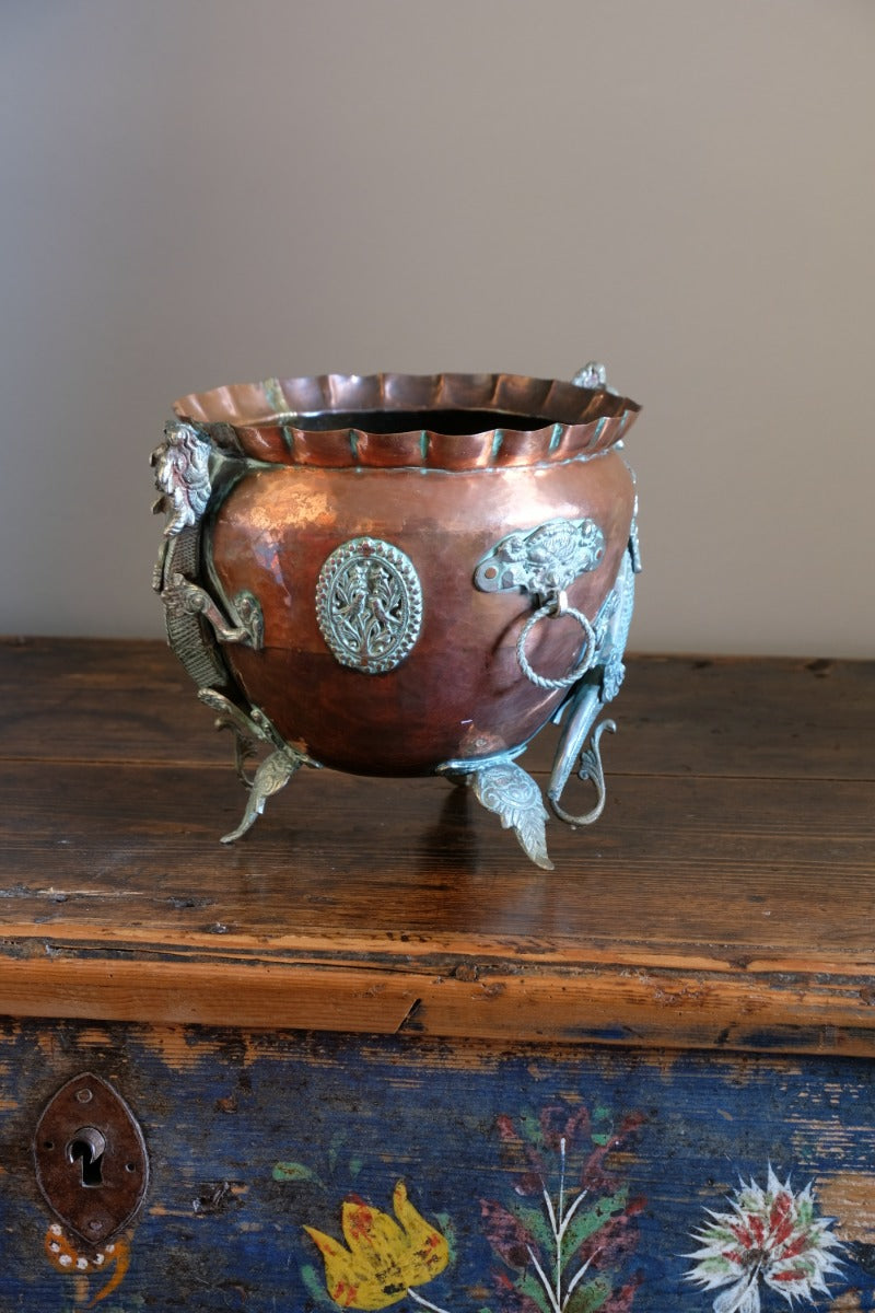 Tibetan copper planter with brass dragons front view