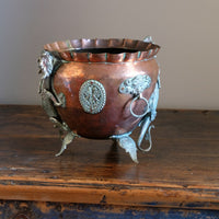 Tibetan copper planter with brass dragons front view