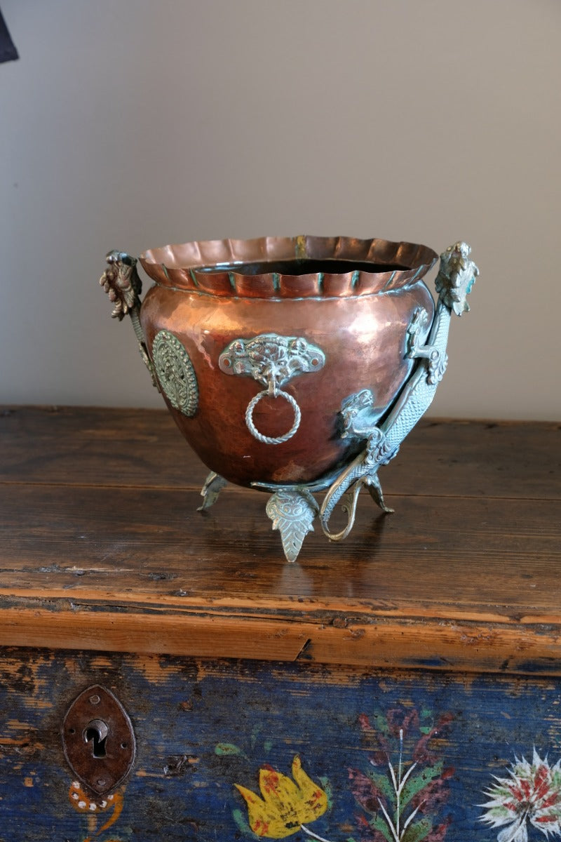Tibetan copper planter with brass dragons front view