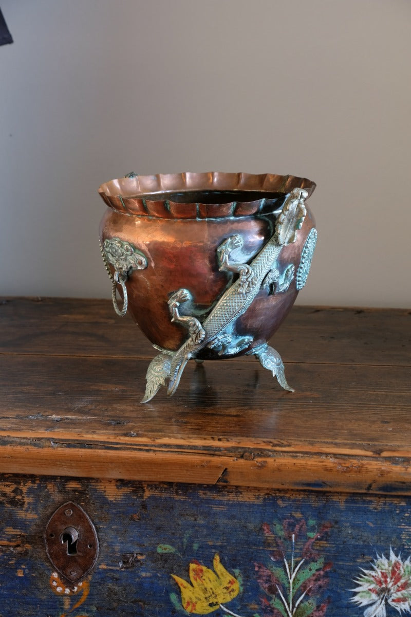 Tibetan copper planter with brass dragons front view