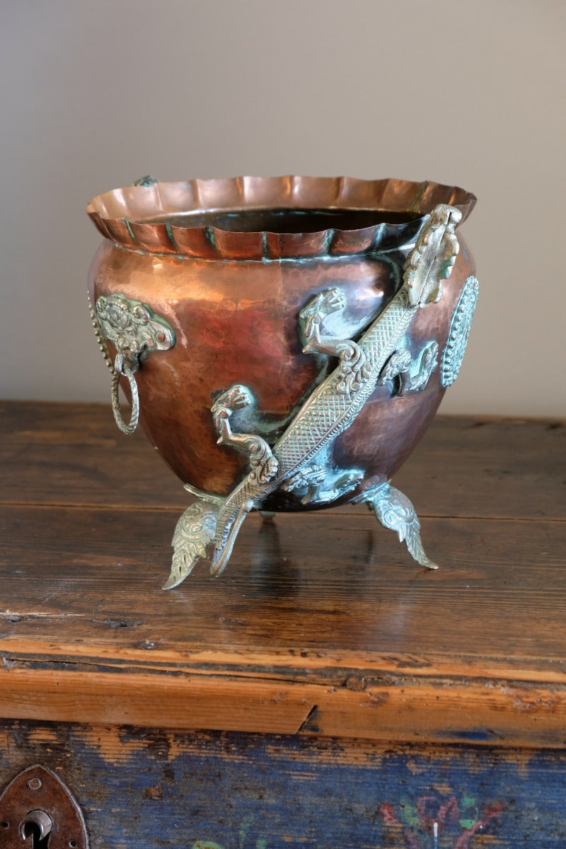 Tibetan copper planter with brass dragons front view
