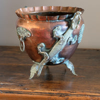 Tibetan copper planter with brass dragons front view