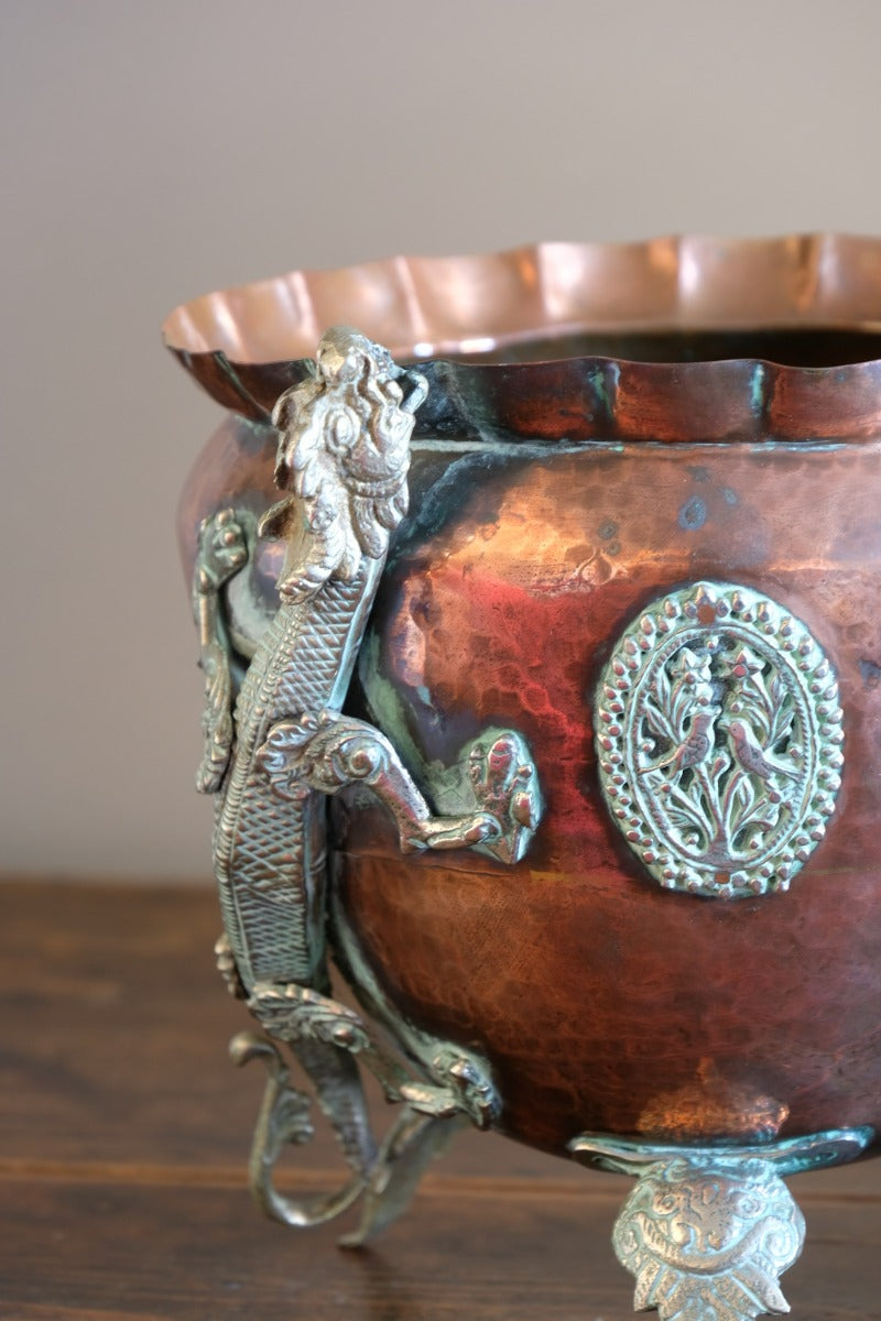 Tibetan copper planter with brass dragons front view
