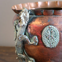 Tibetan copper planter with brass dragons front view