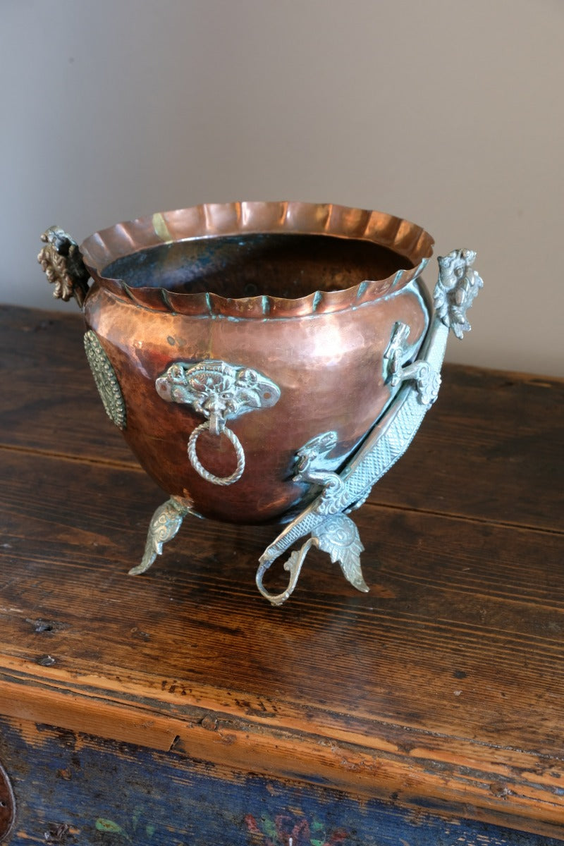 Tibetan copper planter with brass dragons front view