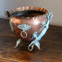 Tibetan copper planter with brass dragons front view