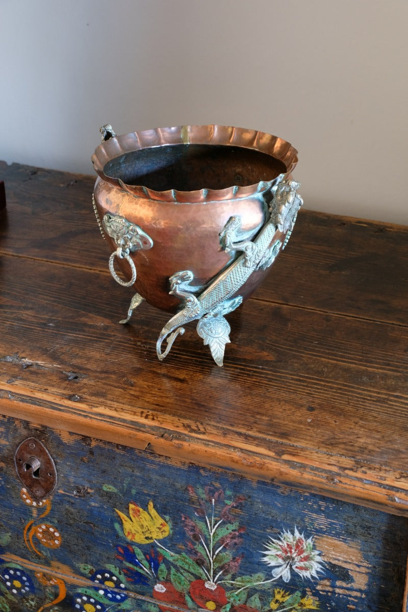 Hammered copper and brass Tibetan planter detail