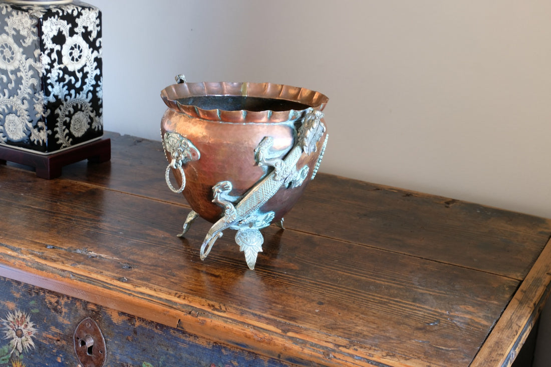 Tibetan copper planter with brass dragons front view