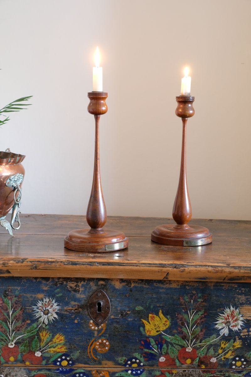 Candlesticks made from teak of HMS Terrible 1895 with brass plaque