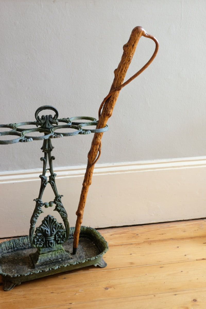 folk art yew wood walking stick with twig hand guard