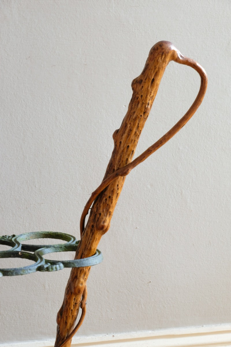 folk art yew wood walking stick with twig hand guard