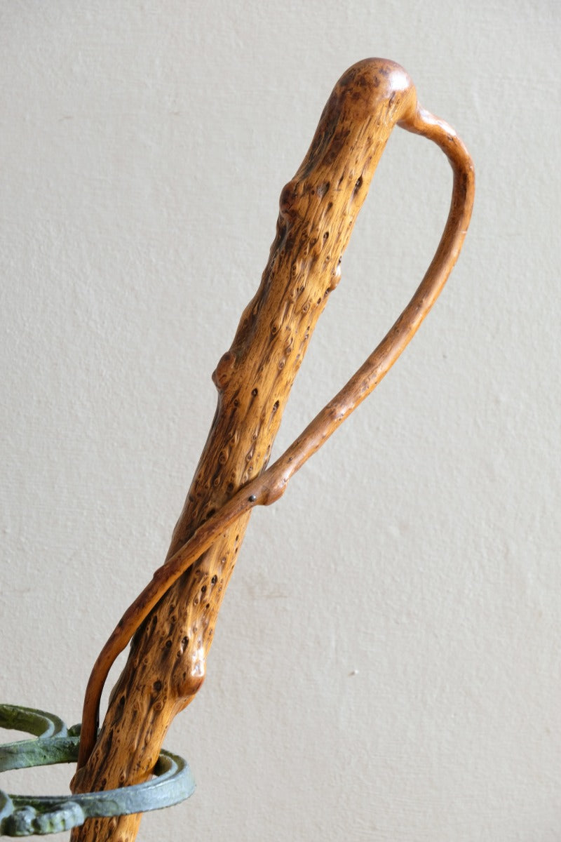 folk art yew wood walking stick with twig hand guard