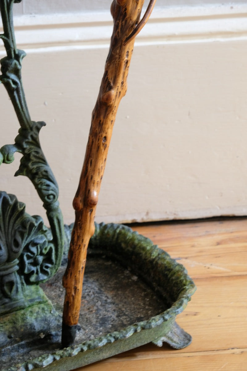 folk art yew wood walking stick with twig hand guard