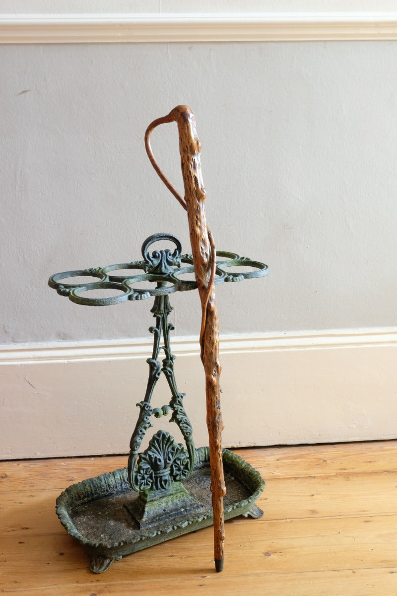 folk art yew wood walking stick with twig hand guard