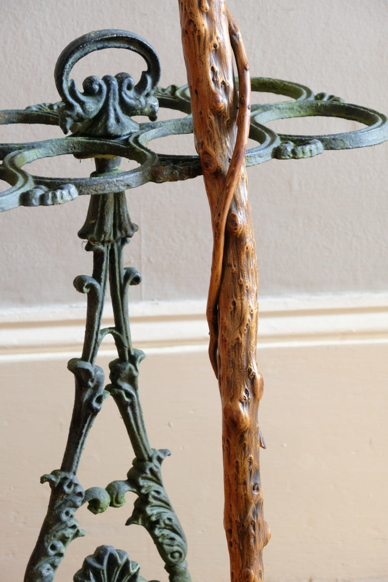 folk art yew wood walking stick with twig hand guard