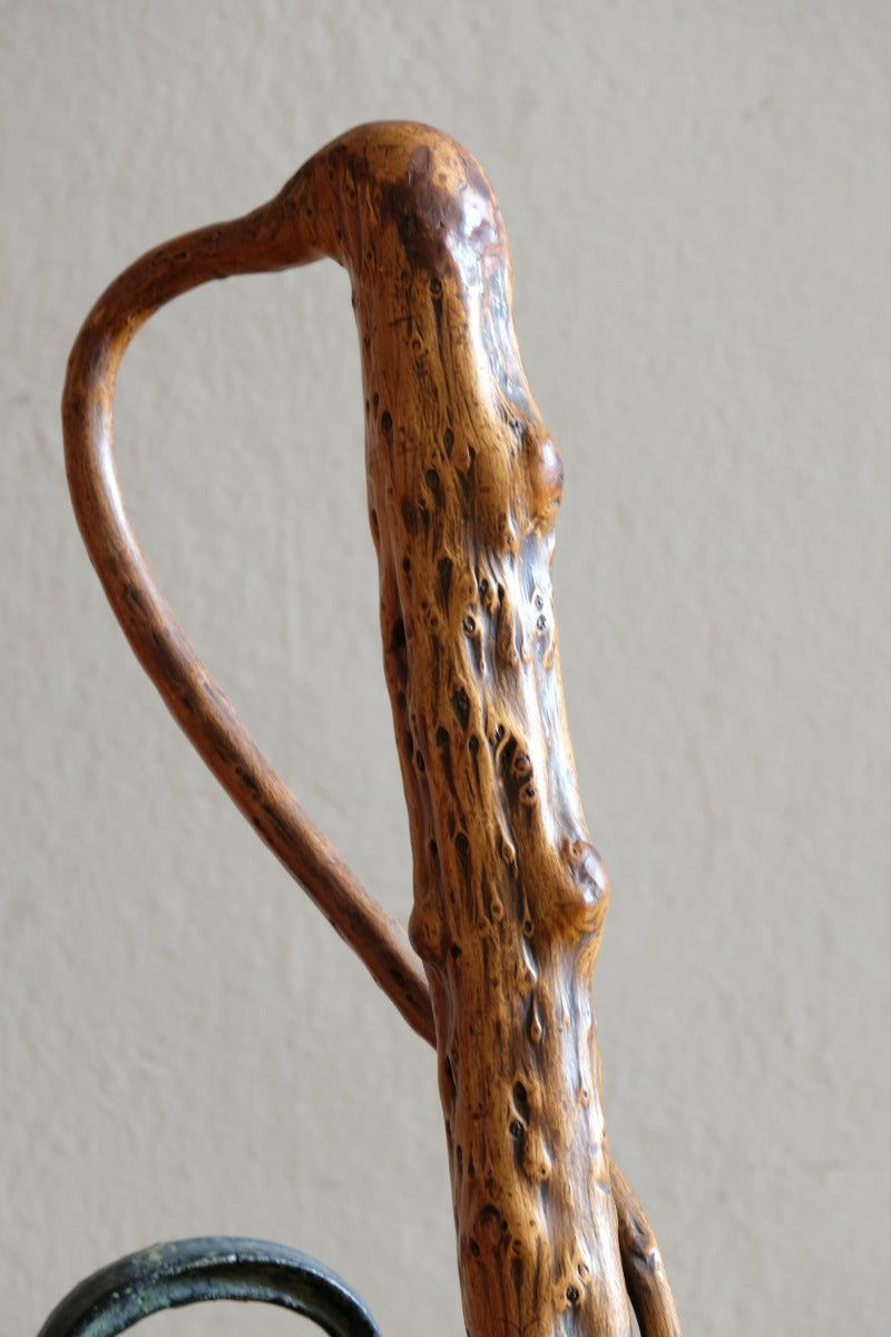 folk art yew wood walking stick with twig hand guard