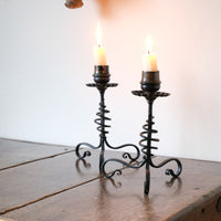 Arts & Crafts wrought iron candlesticks with copper drip trays