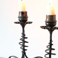 Arts & Crafts wrought iron candlesticks with copper drip trays