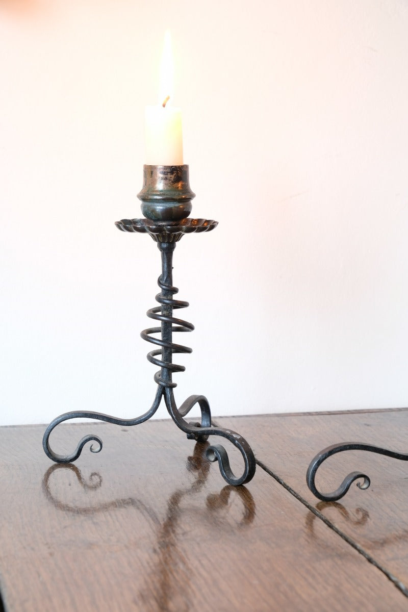 Hand‑forged spiral iron candle holder, Arts & Crafts ant‑style