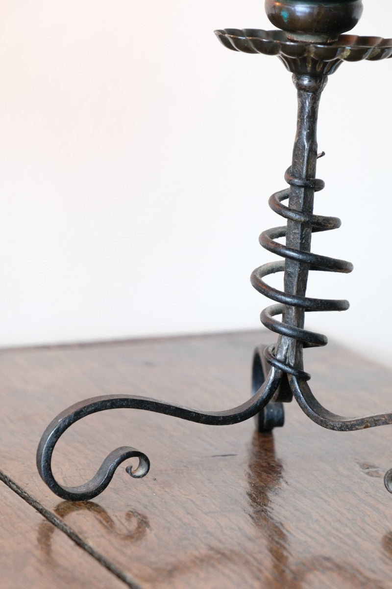 Arts & Crafts wrought iron candlesticks with copper drip trays