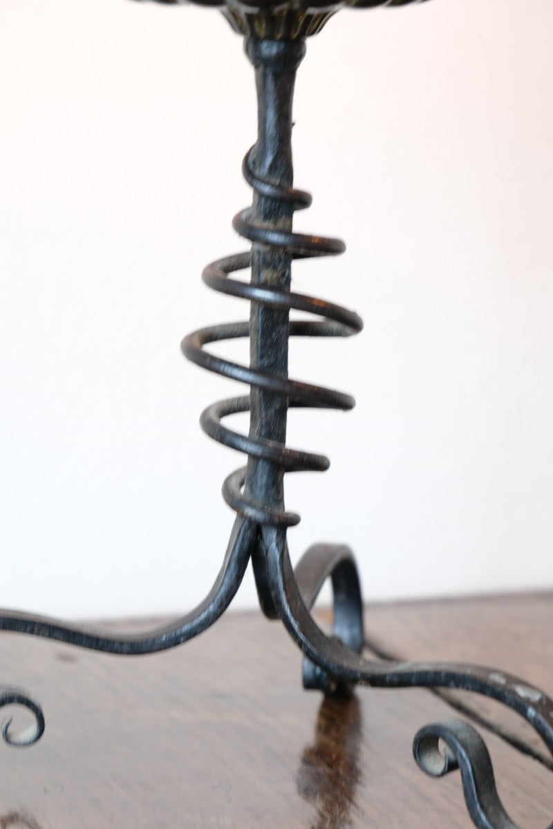 Arts & Crafts wrought iron candlesticks with copper drip trays
