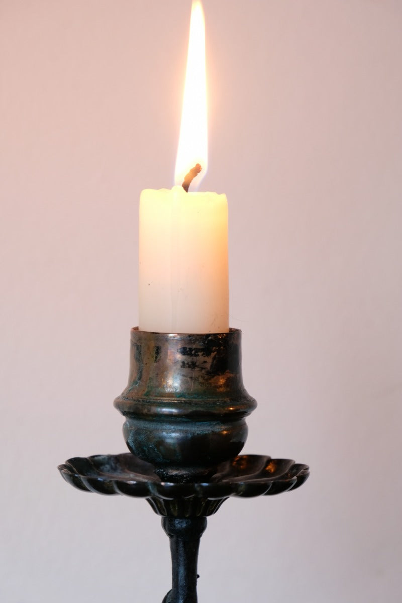 Arts & Crafts wrought iron candlesticks with copper drip trays