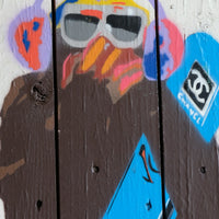 Naïve street stencil artwork Three Wise Monkeys mounted on wood – late 20th century