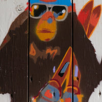 Naïve street stencil artwork Three Wise Monkeys mounted on wood – late 20th century