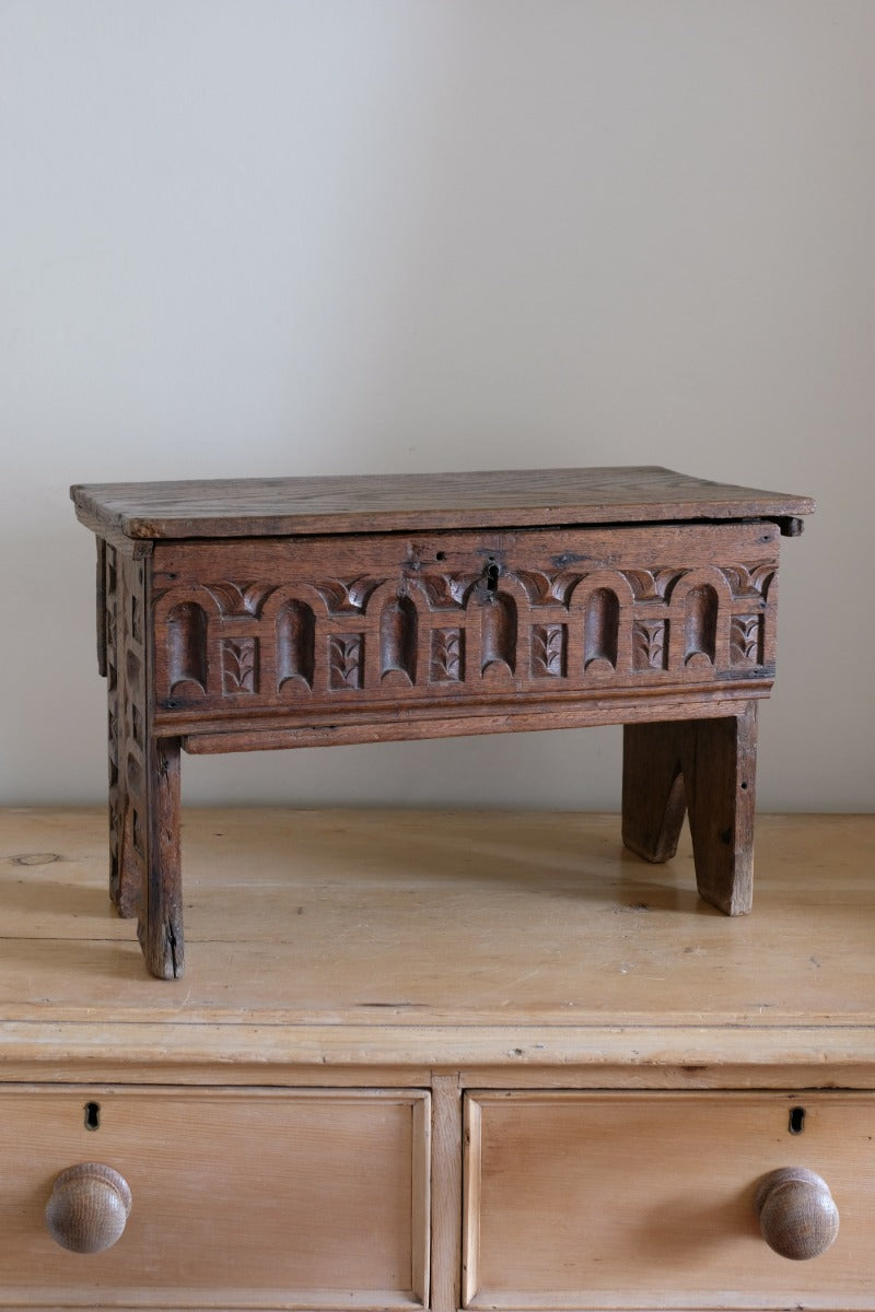 18th century English oak carved Bible box coffer