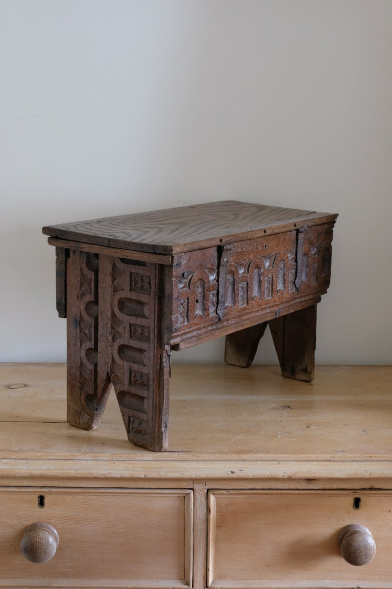 18th century English oak carved Bible box coffer