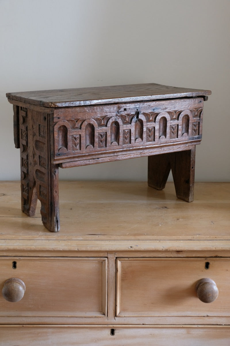18th century English oak carved Bible box coffer