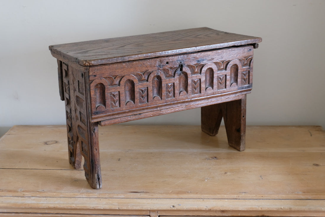 18th century English oak carved Bible box coffer