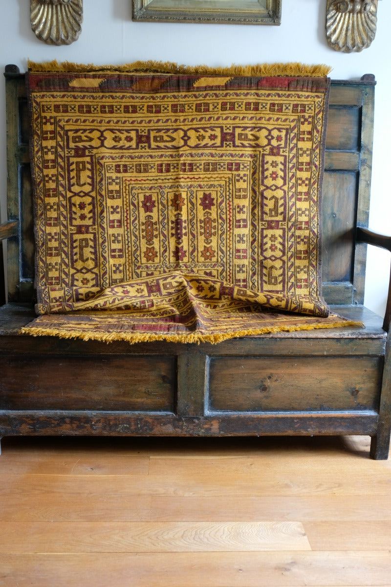 Handwoven Afghan Tribal Suzani Kilim Rug with Embroidered Geometric Patterns in Mustard Yellow and Red