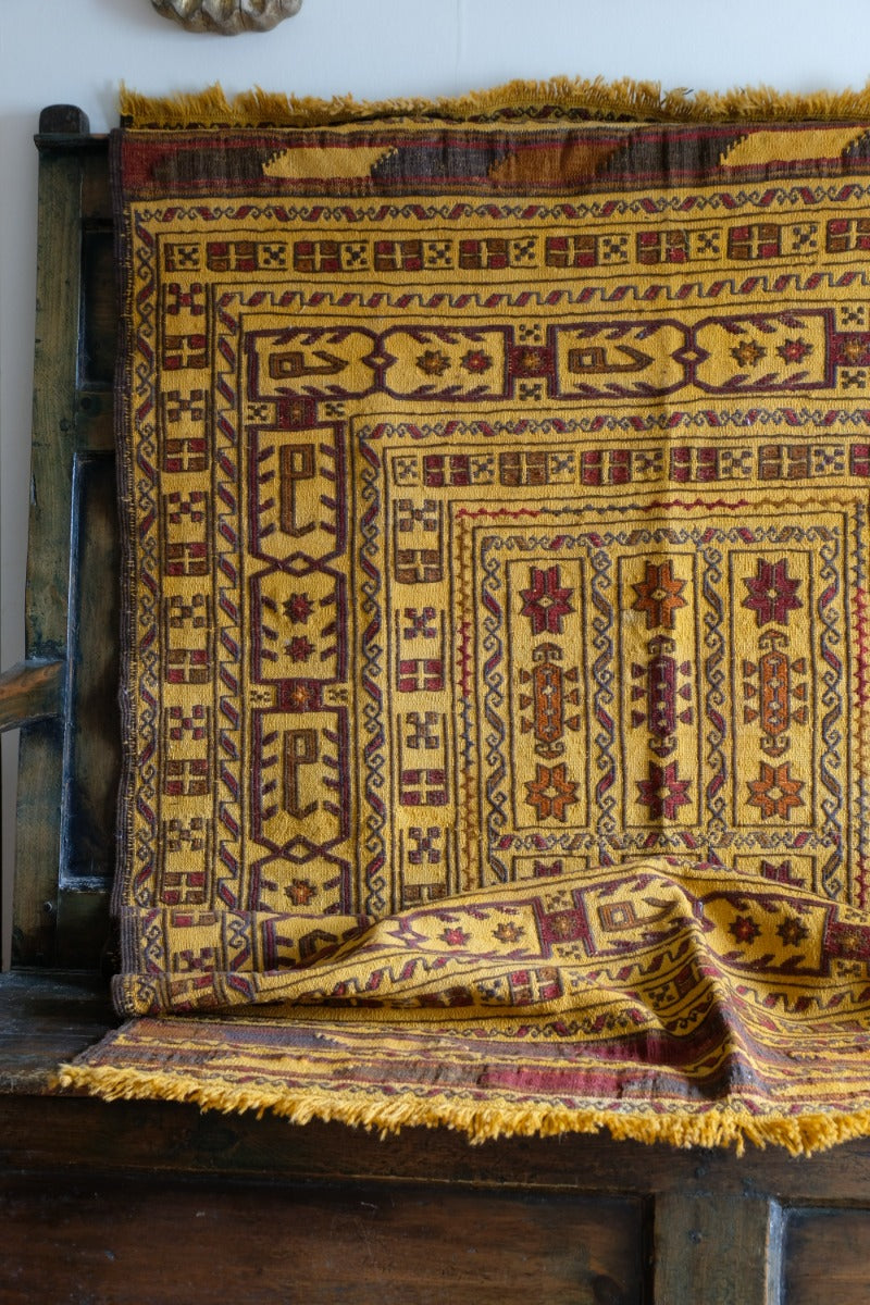 Handwoven Afghan Tribal Suzani Kilim Rug with Embroidered Geometric Patterns in Mustard Yellow and Red