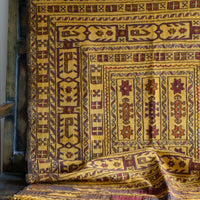 Handwoven Afghan Tribal Suzani Kilim Rug with Embroidered Geometric Patterns in Mustard Yellow and Red