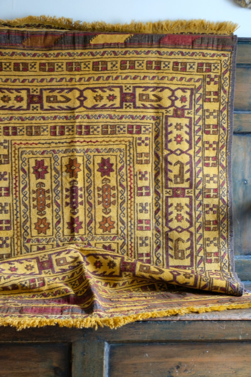 Handwoven Afghan Tribal Suzani Kilim Rug with Embroidered Geometric Patterns in Mustard Yellow and Red