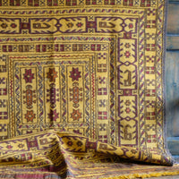 Handwoven Afghan Tribal Suzani Kilim Rug with Embroidered Geometric Patterns in Mustard Yellow and Red