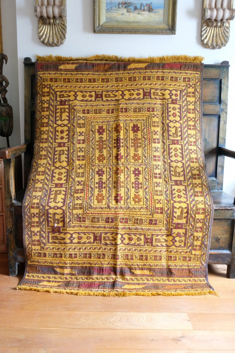 Handwoven Afghan Tribal Suzani Kilim Rug with Embroidered Geometric Patterns in Mustard Yellow and Red