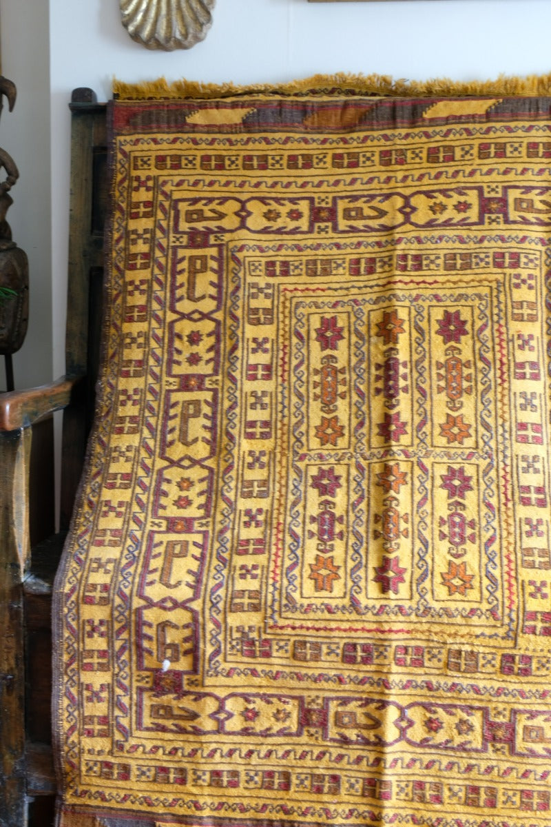 Handwoven Afghan Tribal Suzani Kilim Rug with Embroidered Geometric Patterns in Mustard Yellow and Red