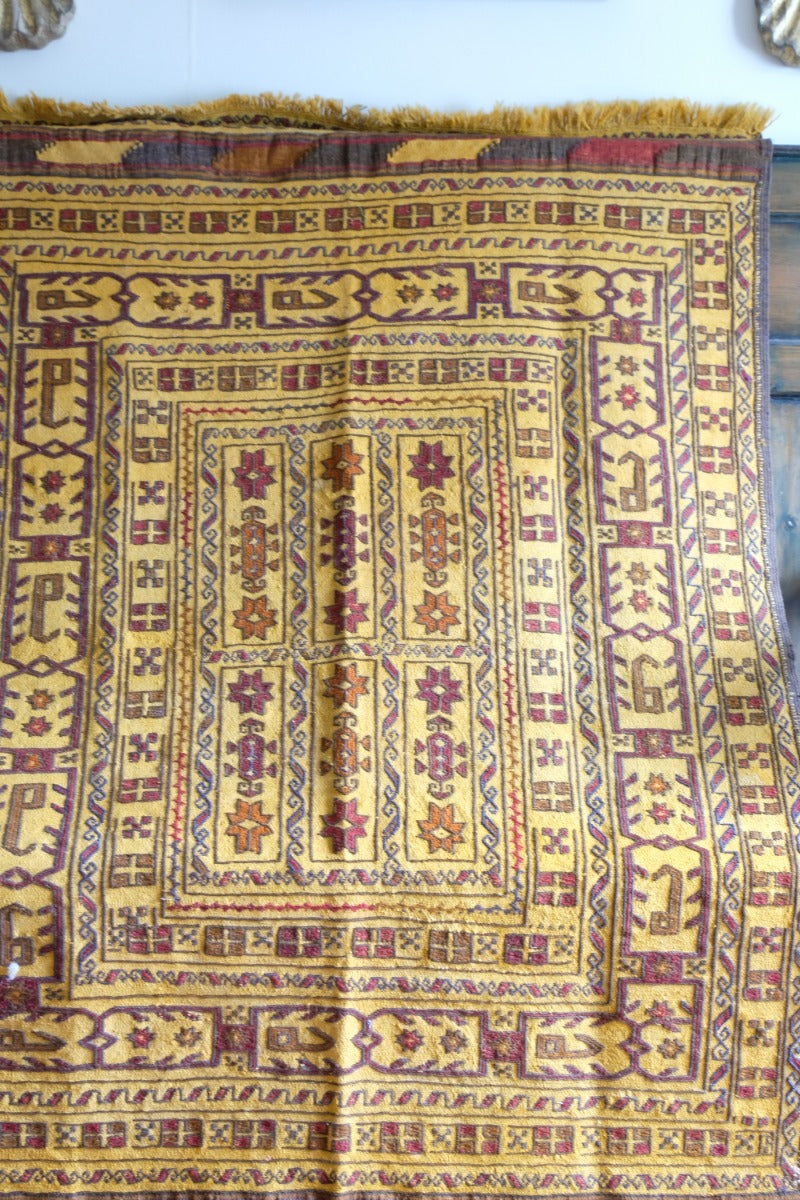 Handwoven Afghan Tribal Suzani Kilim Rug with Embroidered Geometric Patterns in Mustard Yellow and Red